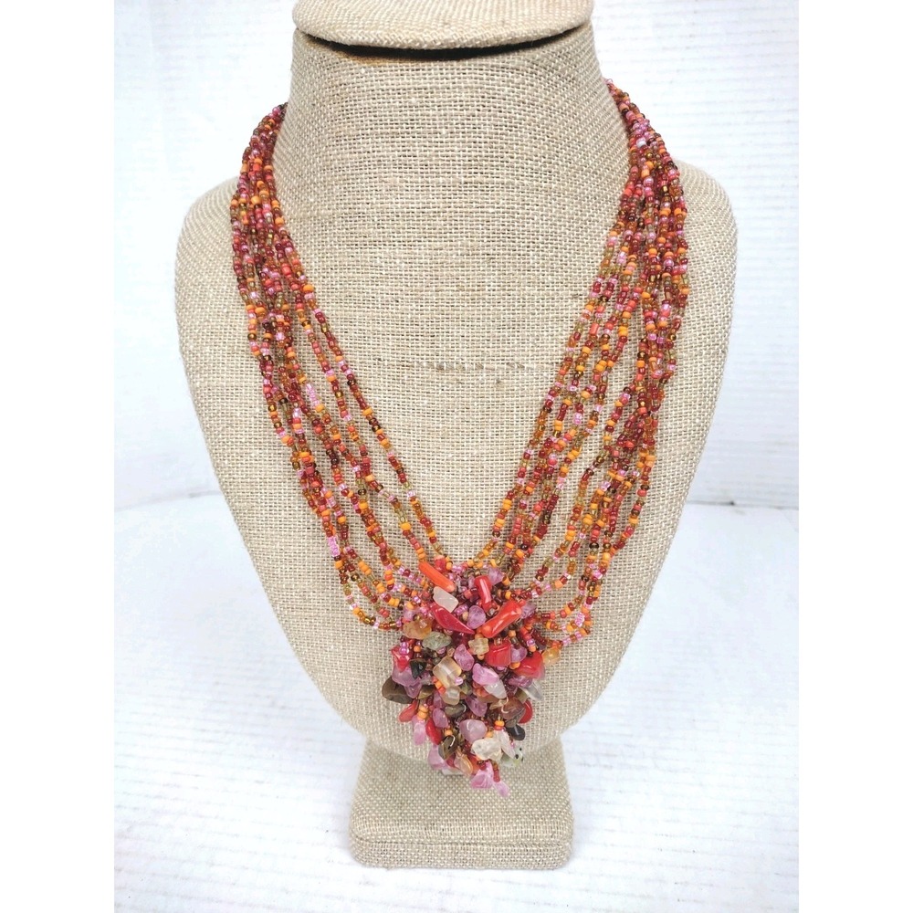 Vintage Dangling Fire and Ice Multi-strand Seed Bead Necklace TRIBAL Handmade
